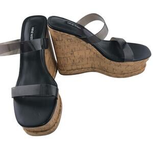 NINE WEST Black Women Rapps3 Ultra High Wedge Sandal Size 7.5M NWOB